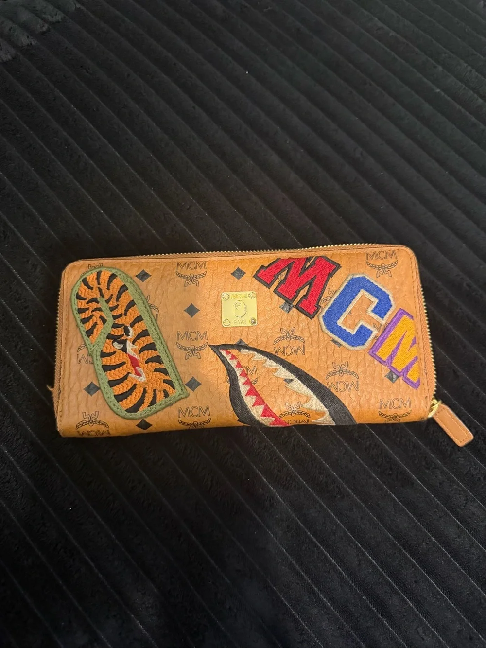 MCM Tan Leather Zip Around Wallet with Colorful Graphic Accents